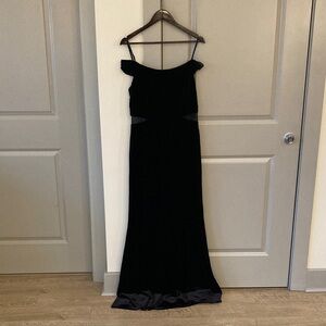 Xscape Strapless Black Velvet Gown with mesh cutouts